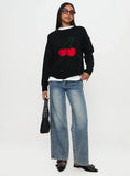 Fongt New Women's Knitted Round Collar Loose Top Fashion Cherry Languid Long-Sleeved Sweater