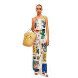 Fongt Women's Fashion Print Wide Leg Trouser Vest Casual Fashion Two-Piece Set