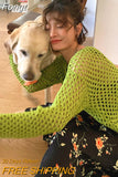Y2K Vintage Green Oversized Sweater Women Harajuku Kpop Hollow Out Smock Pullover Knitted Crop Tops Fairy Grunge
