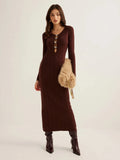 Fongt New Women's Dress French Retro Solid Color V-Neck Long-Sleeved Bag Hip Knitted Dress