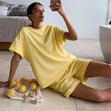 Summer Cotton Sets Women Casual Two Pieces Short Sleeve T Shirts and High Waist Short Pants Solid Outfits