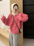 Fongt Wind Soft Waxy Candy Color Round Collar Sweater Female Autumn And Winter Loose Thick Needle And Thick Knit Sweater Overjacket-Outfit
