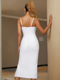 2022 New Summer White Spaghetti Strap Bandage Dress For Women Sexy V Neck Diamonds Midi Club Celebrity Runway Party