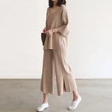 Fongt Wind Knitted Set Of Trousers Autumn New V-Neck Top + Open Wide Leg Pants Fashion Temperament Two-Set