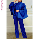 New Solid Color Bat Sleeves Loose Top Slim Fit Pants Two Piece Fashion Winter Elastic Cape Set-Outfit