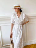 Fongt New White French Design Feeling Waist Women's Dress Mid-Long Dress Temperament V-Neck Dress