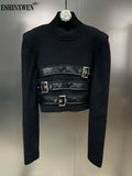2024 Autumn High Street Stand Collar Long Sleeve Knitted T-shirt Women's Belt Multi Button Design Sweater Pullover TH5305-Outfit