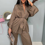 Fongt New Spring / Summer 2023 Can Wear Satin Pajamas Cardigan Lace Print Loose Suit Home Clothes-Outfit