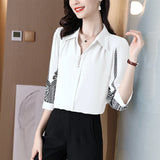 Chiffon Loose Women's Shirts New Fashion Blouses Printing Polo Collar Summer Casual 3/4 Sleeve Korean Style Female