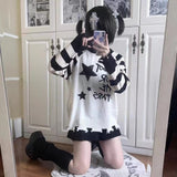 Black White Striped Sweaters Mujer 2024 New Star Letter Print Tops Women Y2k Autumn Long Sleeve Hole Pullovers-Outfit