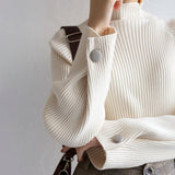 Women Autumn And Winter Half High Collar Knitted Sweaters Solid Female Soft Elastic Soild Color Pullover Button Full Sleeve