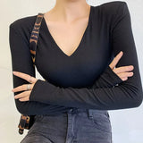 T-shirt Women's Long Sleeves V-neck Tops Autumn 2022 Cushioned Shoulder Tops Slim Bottoms Clothes New Office Lady