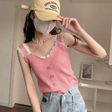 New Ice Silk Knitted Vest Female Korean Version V-Neck High-Waist Short Lace Spliced Solid Color Sling