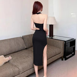 Fongt Cheongsam-Style Collared Dress Dragon-Patrowed Collar Party Print Open Fork Long Dress Woman