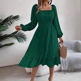 Spring And Summer Leisure Solid Color Collar Long Sleeves To Close The Waist Lotus Leaf Side A Dress Women's
