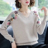 V-Neck Flower Embroidery knitted Pullovers For Women Fashion spring Elastic Sweaters Large Size Casual Knitwear Tops