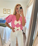 Fongt And Sweet Niche Wind 2025 Spring New V-Necked Short-Sleeved Personality Double Bow Solid Color Sweater Woman