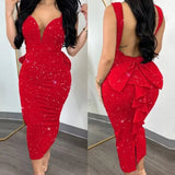 Fongt Temperament Elegant Solid Color Wrap Hip Dew Back Deep V High Waist Bow Stretch Slit