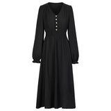 Fongt Autumn And Winter New Women's V Collar Waist Solid Color Long Dress-Outfit