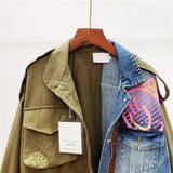 Autumn New Fashion Wild Loose Stitching Blue Khaki Patchwork Denim Jacket