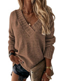 Fongt New Sweater Women's Autumn And Winter Solid Color V-Neck Long-Sleeved Knitted Shirt