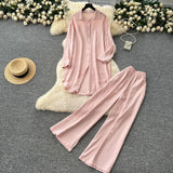 Fongt Casual Suit Women's Korean Version Of The Fashion Loose Long-Sleeved Shirt Dress High Waist Wide Leg Pants