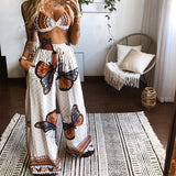 Fongt New Summer Women's Printed Sexy Breasts + Loose Broad Leg Pants Two Sets