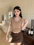 Fake Two Short-Sleeved Knitted Shirt Women 2025 Summer New Stripe Splicing Repair Slim Short