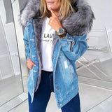 Winter Women Faux Fur Coat Long Sleeve Thicken Fur Hood Plush Warm Denim Coat Large Size Jacket Ripped Button Denim