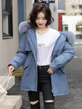 Hooded Jacket Woman Warm Fur Lining Cotton Padded Parka Female Drawstring Basic Coat Windproof Women Jacket