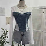 Spice Girls Design Sense Net纱 Stitched With Denim Blouse Long-Sleeved Bottom Shirts To Dress Short Niche T-Shirt