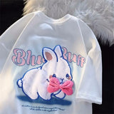 Pink Bow Rabbit Embroidery T Shirts Harajuku Teenage Preppy Kawaii Tee Summer Cotton O-neck Loose Casual Tops Korean