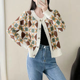 Impact Color Diamond Plaid Knitted Cardigan Women's Fashionable Sweater Round Collar Autumn And Winter Style Coat Bubble Long-Sleeved Blouse-Outfit