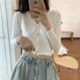 Women V-Neck Knitted Casual Short Sweaters Cardigans Lady Full Sleeve Thin Cardigan Outwear Crop Top for Female-Outfit