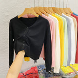 Fongt Short Knitted Cardigan Coat Woman's New Black Outer Sweater Long-Sleeved Bottom Shirt