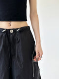 Fongt New Tight High Waist Design Sense Niche Black Cargo Pants Female Loose Casual Fashion Draw Rope Wide Leg Pants-Outfit