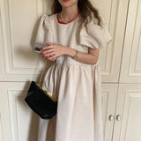 Chic Summer Round Neck Robe Contrast Color Lace Bow Polka Dot Puff Sleeve Women Midi