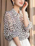 Fongt Retro Beautiful White Wave Dot Polo Collar Seven-Sleeved Shirt Women's Spring And Summer Yang With Meat Cover Shirt