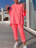 Fongt New Casual Solid Color Collar Long-Sleeved Top Sports Trouser Suit Women