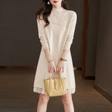 And Winter Knitted Dress Women's Casual Lace Sweater Skirt Medium-Length Semi-High Collar Bottom Sweater Girl-Outfit