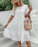 Fongt Fashion New Wish Hot Sale Solid Cotton Embroidery Lace Hollow Dress
