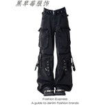 Fongt High Street Multi-Pocket Black Work Clothes Jeans Women 2025 New High-Waisted Loose Broad-Legged Trousers