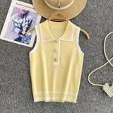 Fongt Style Striped Knitted Sleeveless Vest Women's Summer Collar Slimming Design Chic Beautiful Little Man Top