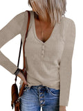Fongt Autumn New Women's Button Vest Solid Color V-Neck Long-Sleeved T-Shirt Top