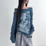 Autumn 2024 New Women's Sexy Hottie Side-Shoulder Loose Art Print Long-Sleeved