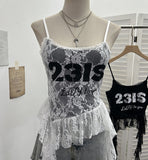 Fongt Shooting Lace Sling Vest Irregular Ribbon Hot Wear Print Short-Sleeved Top 1193