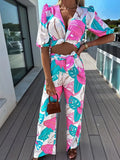 Neck Tops And Print Pants Bohemian Outfits Summer Elegant Women Holiday Two Piece Set Slim Fit Long Pants Lady Matching