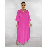 Fongt Summer Loose Solid Color Long Sleeve Single Breasted Half Open Collar Fringe Dress-Outfit