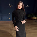 Fongt The Autumn Of 2025, The New Women's High-Necked Folded Waist Fashion Hot Diamond Dress