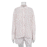 Fongt Women's 2024 New Fashion Cotton Love Print Long Sleeve Lapel Shirt Casual Shorts Set-Outfit